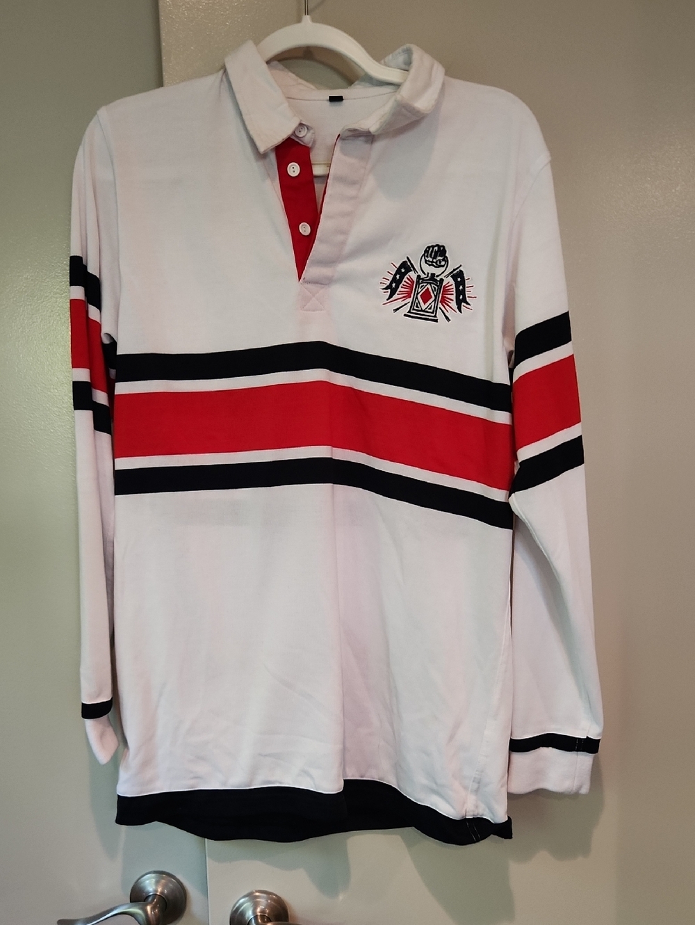 New England Free Jacks White Long Sleeve Rugby Shirt with Red & Blue Stripes